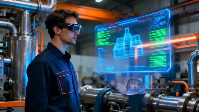 Young engineer wearing augmented reality glasses interacting with holographic digital interface displaying technical blueprint in high-tech industrial facility. Futuristic workplace - Powered by Adobe