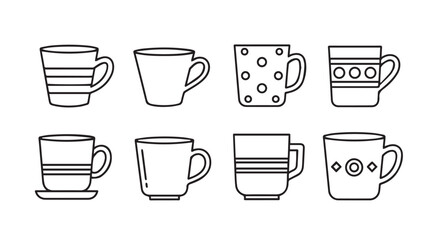 Collection of eight doodle style hand drawn mugs and cups with various patterns for hot beverages vector