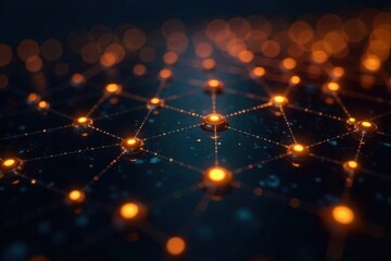 Abstract digital network visualization of interconnected business document nodes and data flow lines. An abstract, futuristic visualization of a glowing digital network. Interconnected luminous nodes,