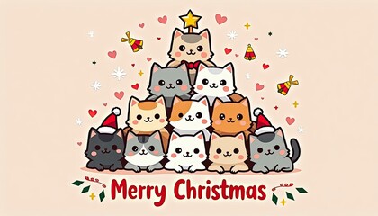 Fototapeta premium A charming christmas tree made of cute cartoon cats wearing santa hats, with a star on top and merry christmas text below, perfect for holiday greetings and festive designs