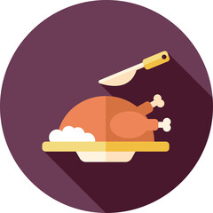 Roasted Whole Chicken on a Serving Platter With a Knife and Mashed Potatoes Served With Long Shadows and Dark Purple Circular Background