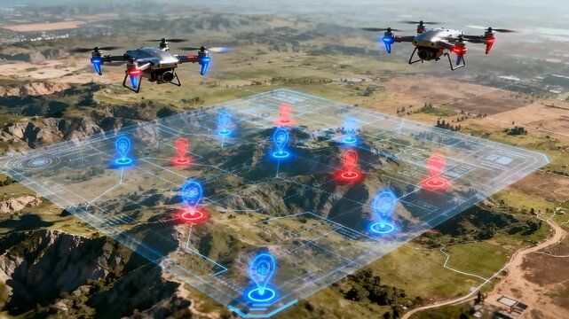 Advanced robotic drones navigating complex mountainous terrain, creating real-time digital grid mapping with precision geolocation markers and interconnected sensor communication systems.