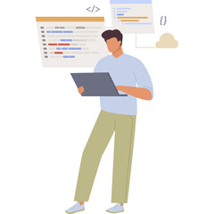 Man with Laptop Studying Code and Cloud Computing Technology on Transparent Background