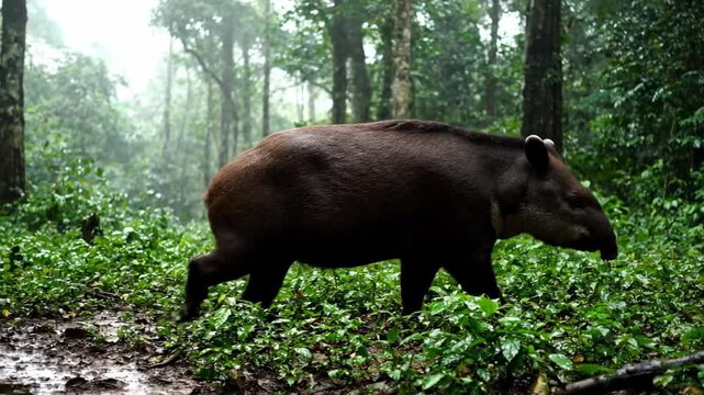 Tapir walks through dense greenery in tranquil rainforest. Soft morning light filters through trees creating serene atmosphere. Concept of wildlife conservation, ecology, nature tourism
