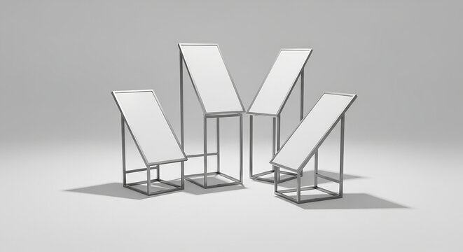Modern blank poster stands on clean white surface create a professional presentation for advertising or informational displays at trade shows