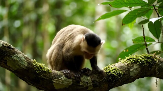 Monkey climbs on branch in vibrant forest surrounded by lush green foliage. Natural setting highlights agility and curiosity of animal. Concept of wildlife, nature conservation, animal behavior