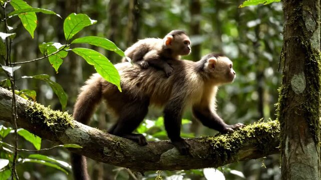 Monkeys engage in playful interaction while climbing tree branches. Dense green forest setting with dappled sunlight creating natural atmosphere