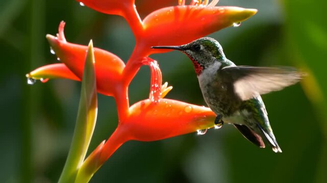 Hummingbird drinks nectar from striking orange flowers, showcasing agile flight and energy. Vibrant natural environment, rich green foliage. Concept of wildlife, nature tourism, botanical gardens