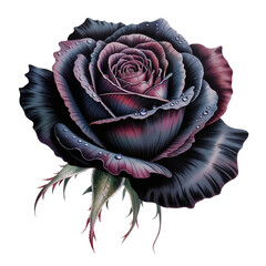 Dark rose with intricate petals and dew drops showcasing beauty and mystery