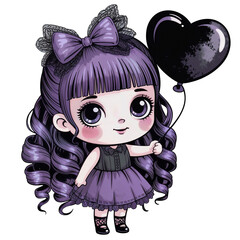 Cute girl with purple hair holding a black heart-shaped balloon in a whimsical and playful style