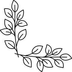 Decorative Corner Accent Floral Branch Design Outline With Leaves In Black And White On A Transparent Background