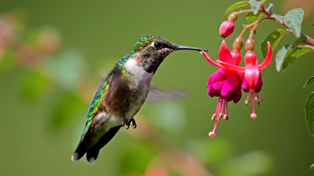 Hummingbird hovering and drinking nectar from colorful pink flowers. Bright background in a lush garden filled with greenery. Concept of nature, wildlife, gardening