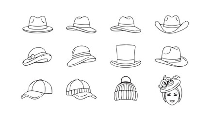 Collection of diverse hand-drawn headwear sketches including hats caps and beanies in a collage layout vector