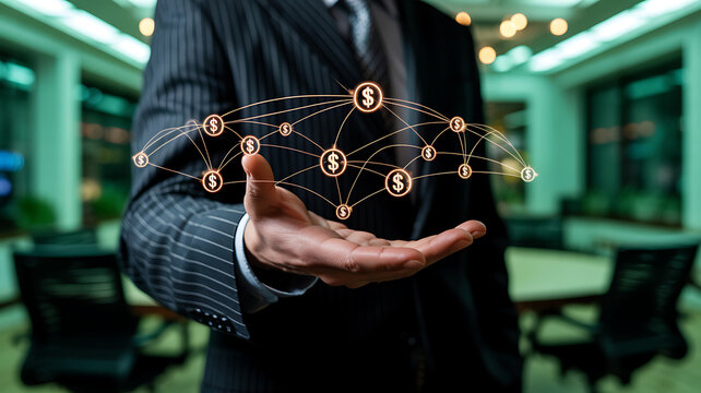 Businessman holding glowing network of dollar signs over open palm finance money