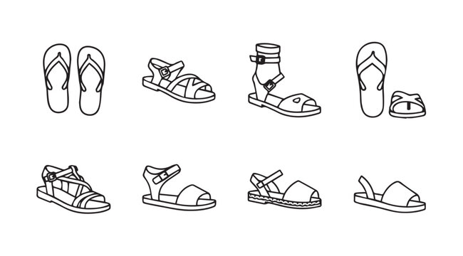 Collection of footwear styles diverse sandals and flip-flops for summer fashion vector