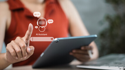 Woman using digital tablet with virtual AI assistant interface, artificial intelligence technology concept