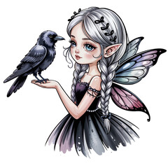 Fantasy scene featuring a fairy with silver hair, butterfly wings, and a raven perched on her hand in a whimsical style