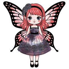 Cute fairy character with butterfly wings and a floral dress in a magical style