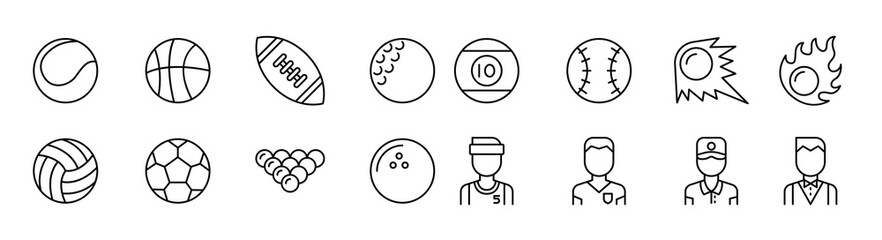 Sport balls icon set in thin line style