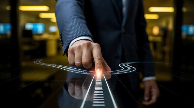 Businessman's finger touches glowing point on digital road map touching