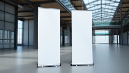 Two blank roll-up banners in a modern office interior. Clean white background for branding, business advertising, marketing, and promotional presentations. Vertical retractable design for exhibitions 