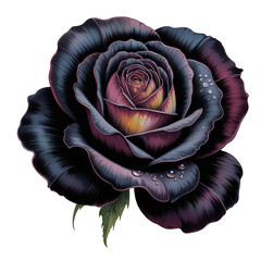 Dark rose with intricate petals and dew drops showcasing beauty and mystery