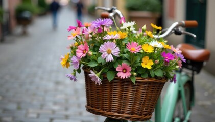 Vintage bicycle with wicker basket filled with wildflowers, parked on cobblestone street with soft sunlight. A vintage bicycle with a wicker basket full of colorful wildflowers parked on a cobblestone