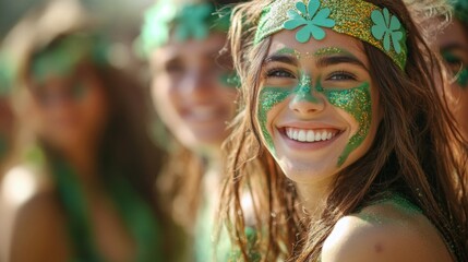 Happy woman with green glitter makeup at a festival