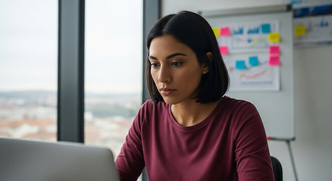 Focused professional woman diligently working on laptop in modern office with city view and strategy board