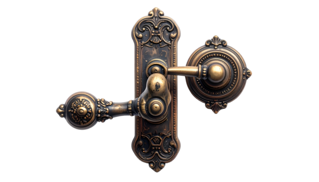 Ornate, antique bronze door hardware. Elaborate detailing. Isolated on black
