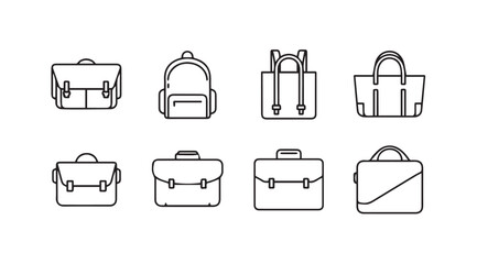 Collection of hand-drawn style bag icons featuring briefcases backpacks and totes for travel and fashion vector