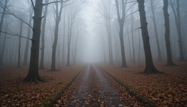 Misty Path Through a Quiet Forest During Early Morning in Autumn