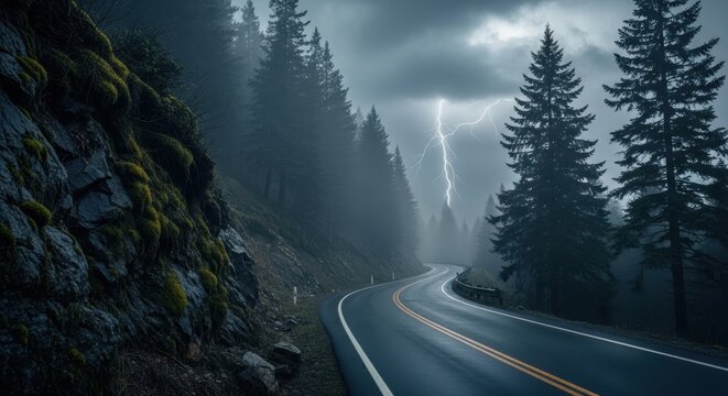 Winding forest road through misty mountains with dramatic clouds and tall evergreen trees