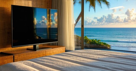 Obraz premium Glossy black screen tv off ocean view hotel suite with palm reflections