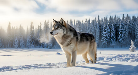 Naklejka premium A wolf standing in the snow 