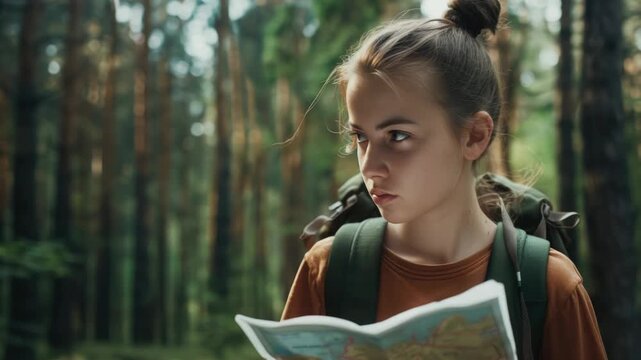 Girl looking at map in woods