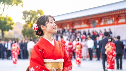 Fototapeta premium 日本の成人式・袴を着た女性とにぎやかな会場の様子 AI生成素材