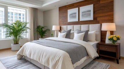 Fototapeta premium Modern bedroom interior featuring wood wall and natural light