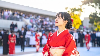 日本の成人式・袴を着た女性とにぎやかな会場の様子 AI生成素材