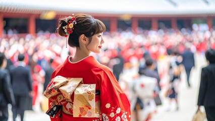 日本の成人式・袴を着た女性とにぎやかな会場の様子 AI生成素材