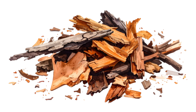 Pile of brown and gray wood chips. Textured, detailed watercolor illustration