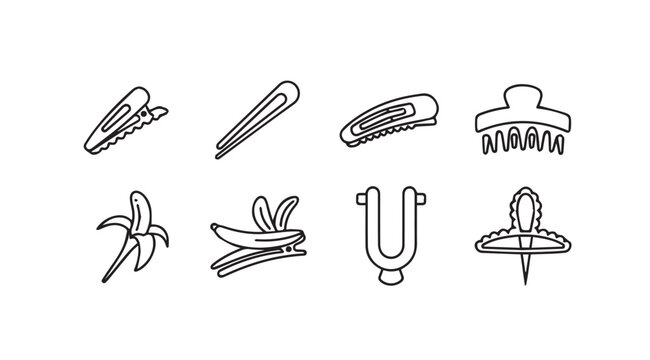 Collection of hand-drawn hair clips and banana icons for beauty and fashion design elements vector