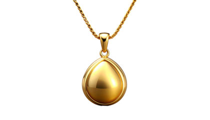 Gleaming gold pendant necklace, teardrop design, on black background
