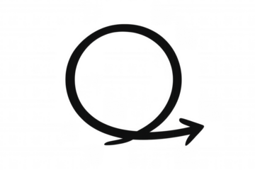 Hand drawing black arrow circling and pointing right, doodle style element communicating direction and emphasis