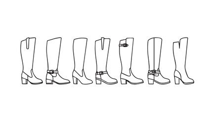Fashionable tall boots collection various styles and designs hand drawn sketch style vector