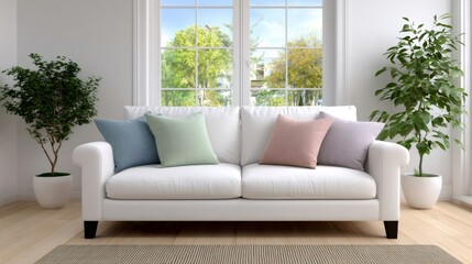 Fototapeta premium White sofa with colorful pillows in bright living room