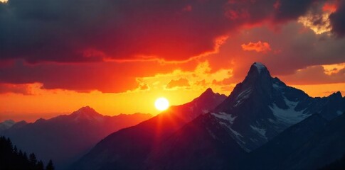 Dramatic Cloud Formations at Sunset A powerful sunset over a jagged mountain range, characterized by dramatic, textured cloud formations. Sunlight pierces through the clouds, creating intense shafts