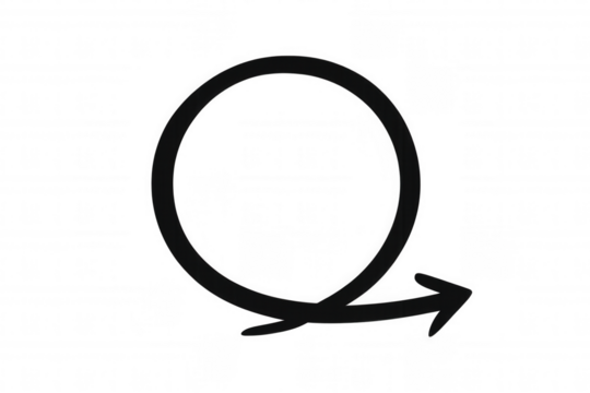 Hand drawing black arrow circling and pointing right, doodle style element communicating direction and emphasis