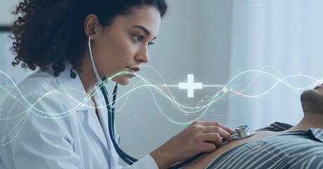 Professional female doctor examining patient with a stethoscope, symbolizing modern healthcare, innovation, and medical technology. Concept of digital health, diagnosis and artificial intelligence