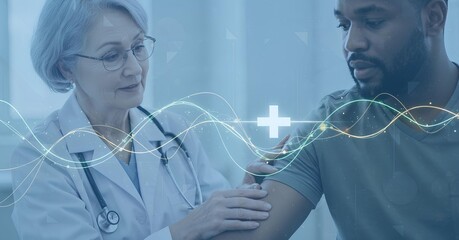Senior female doctor male patient’s arm muscles during a check up, representing trust, compassion, and professional healthcare service. Modern digital overlay for innovation, and AI in healthcare